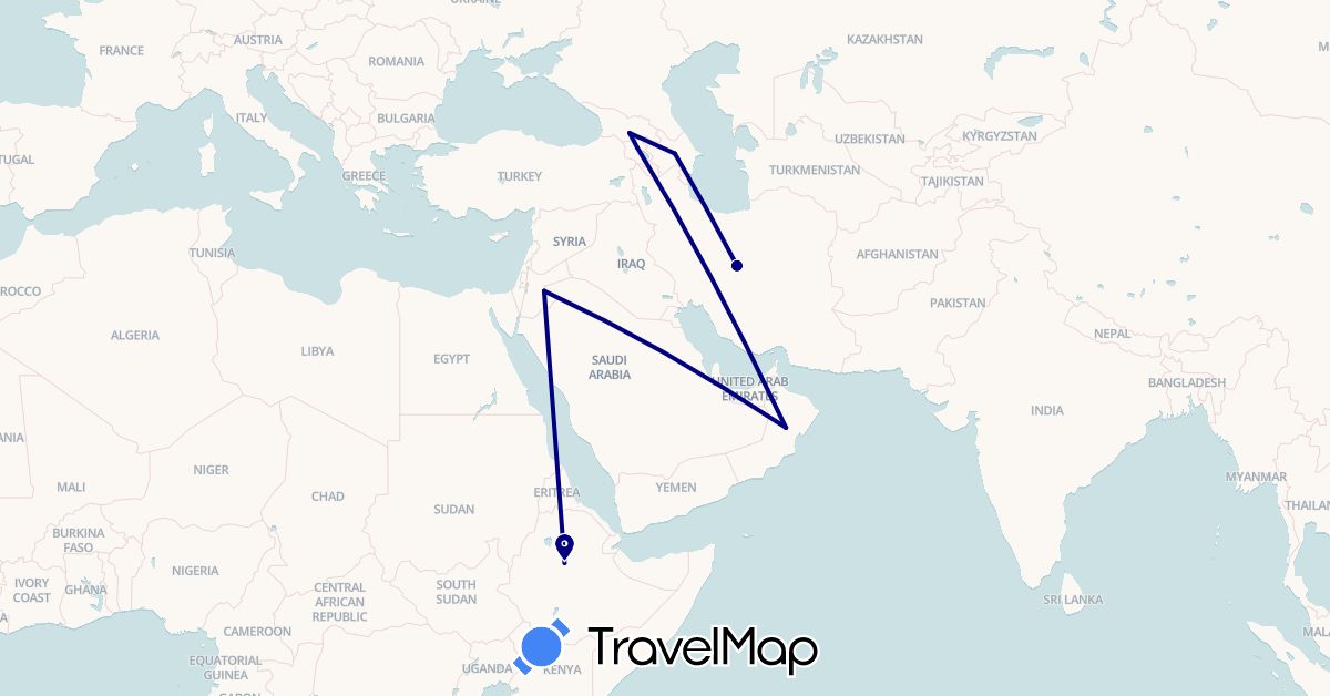 TravelMap itinerary: driving in Armenia, Azerbaijan, Ethiopia, Georgia, Iran, Jordan, Oman (Africa, Asia)